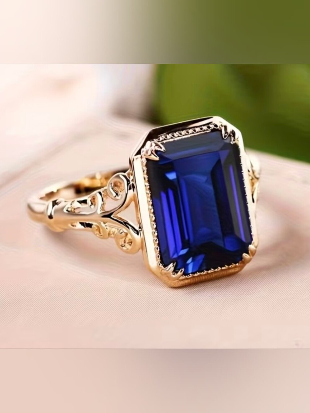 Emerald Cut Simulated Blue Sapphire Engagement Ring In 14K Yellow Gold Plated